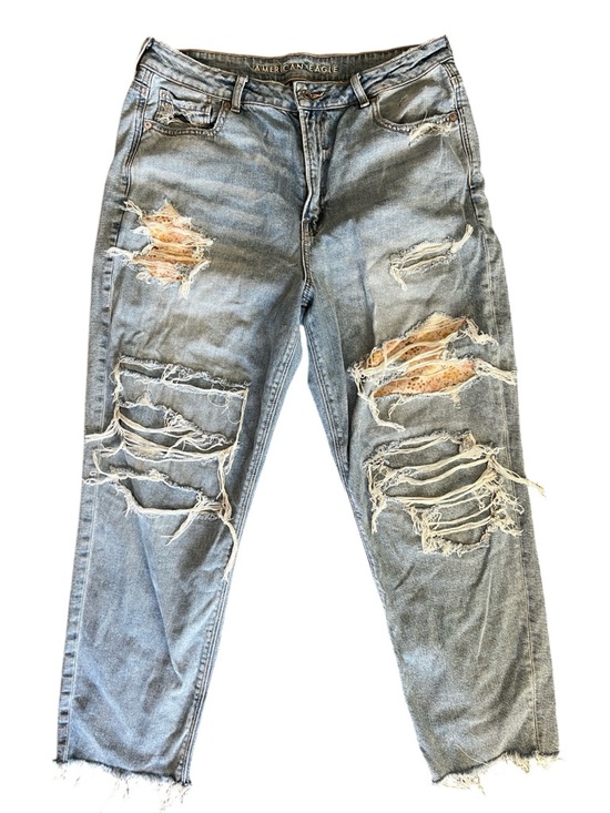 American Eagle Outfitters Denim - American Eagle Mom Jeans Women’s 16 Distressed Patch Raw Hem High Rise Denim